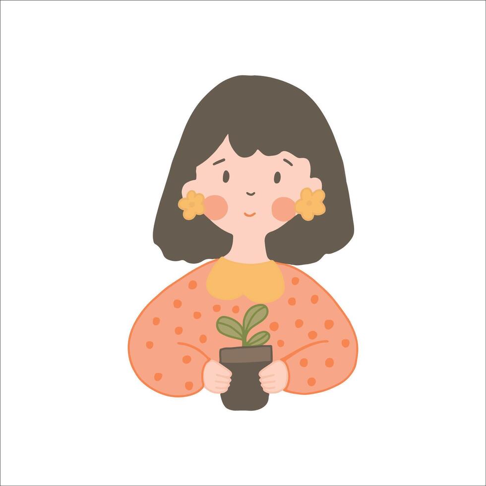 sorridente donna accogliente primavera con appena in vaso pianta vettore