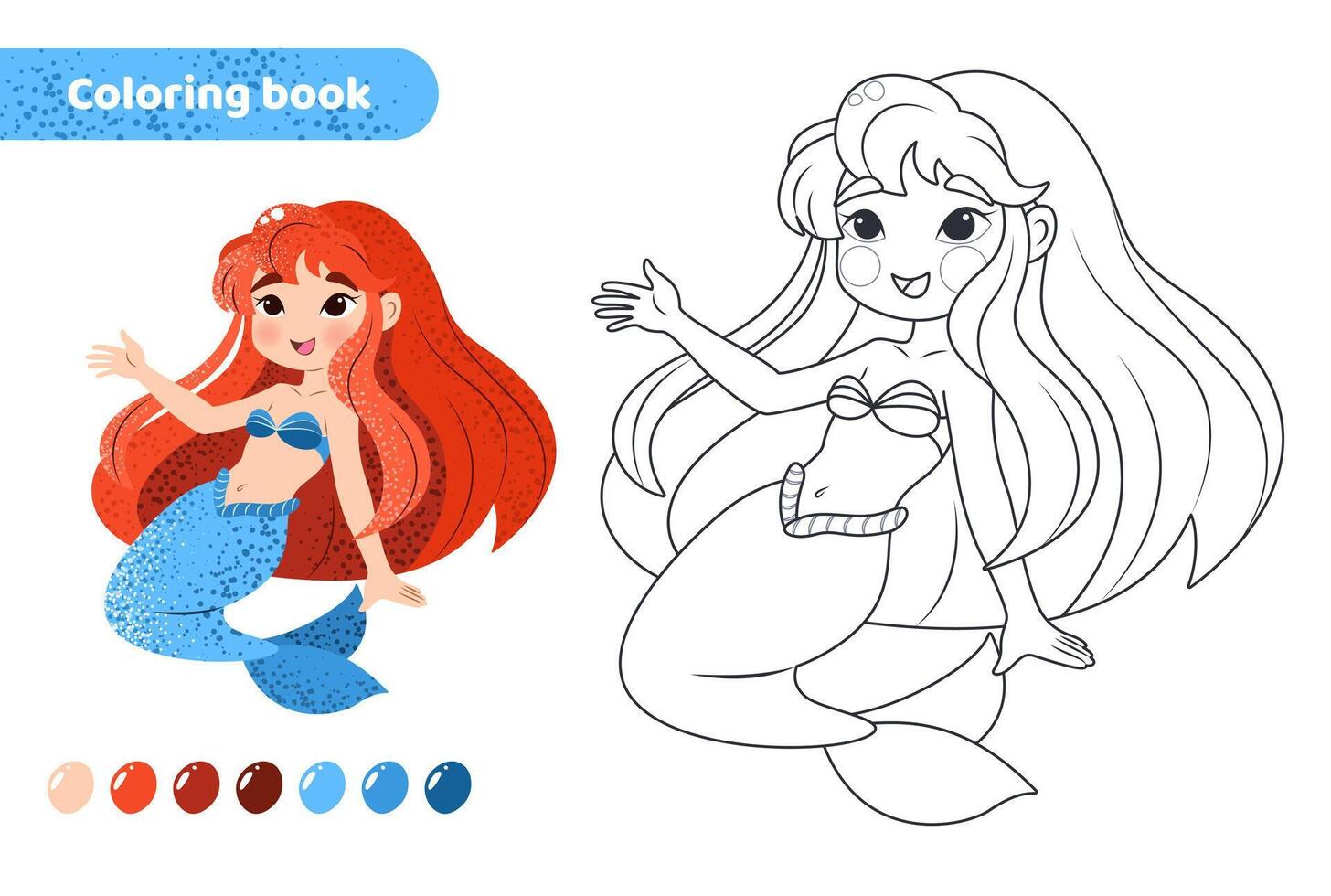 colorazione libro per bambini. foglio di lavoro per disegno con cartone animato sirena. carino magico creatura. colorazione pagina con colore tavolozza per bambini. vettore illustrazione su bianca sfondo.