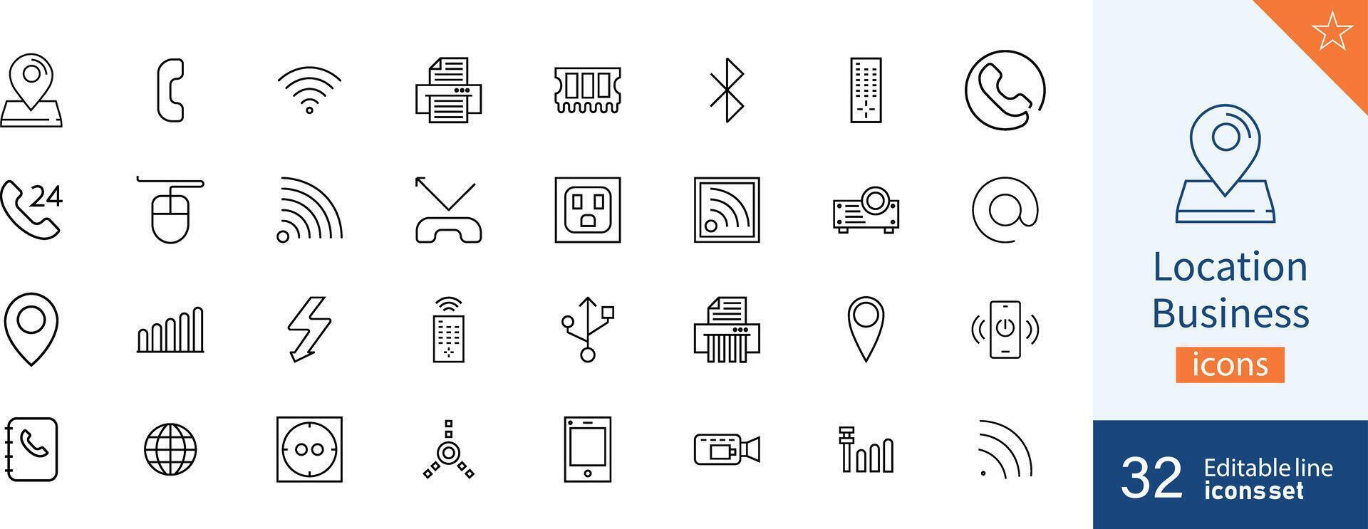 impostato di 32 Posizione attività commerciale ragnatela icone nel linea stile. indirizzo, attività commerciale, piatto, disegno, modificabile, grafico. vettore illustrazione.