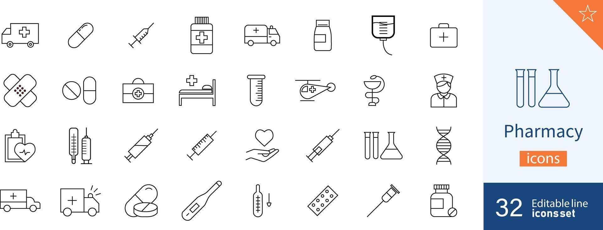 impostato di 32 farmacia ragnatela icone nel linea stile. icona simbolo, assistenza sanitaria e medicinale, medico esame. vettore illustrazione.