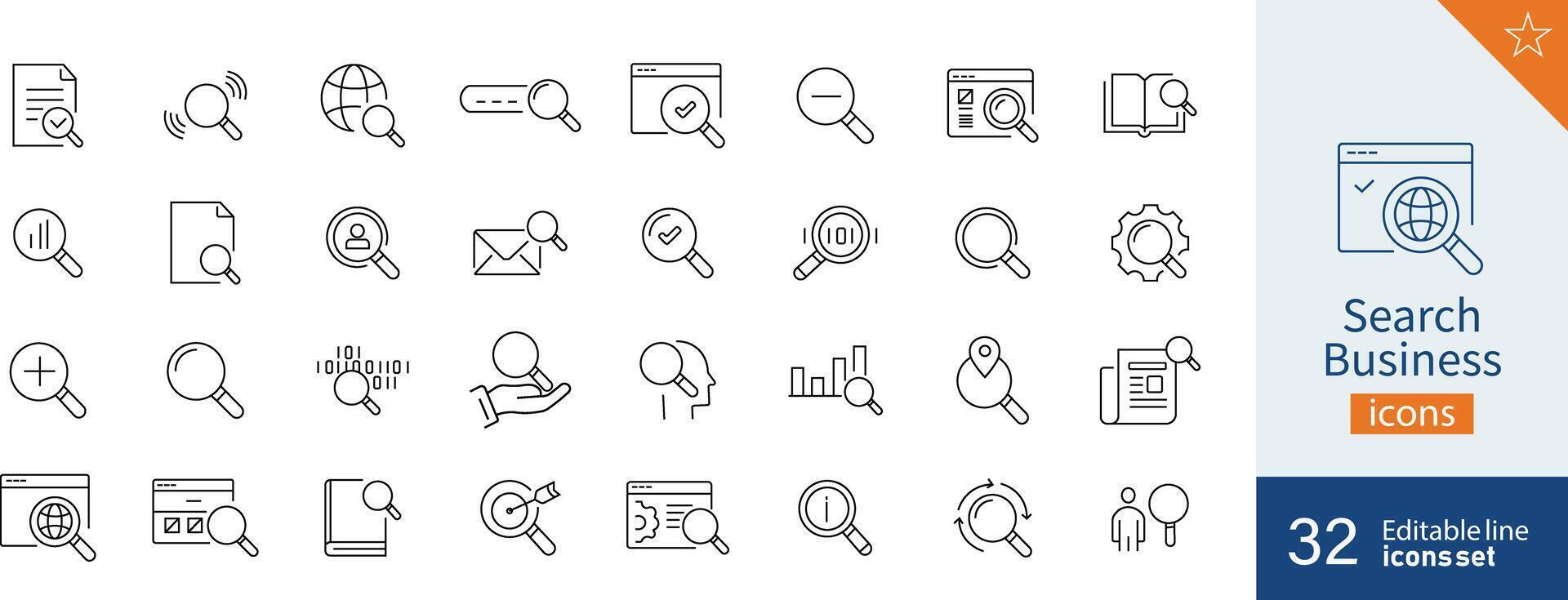 impostato di 32 ricerca attività commerciale ragnatela icone nel linea stile. documento, prenotare, codifica, ricerca, icona. vettore illustrazione.