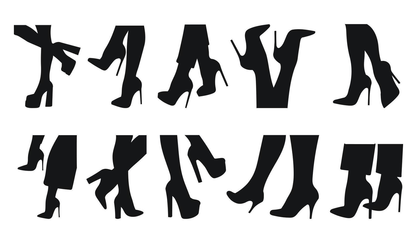 impostato nero silhouette di femmina gambe nel un' posa. scarpe tacchi a spillo, alto tacchi. a passeggio, in piedi, in esecuzione, saltare, danza vettore