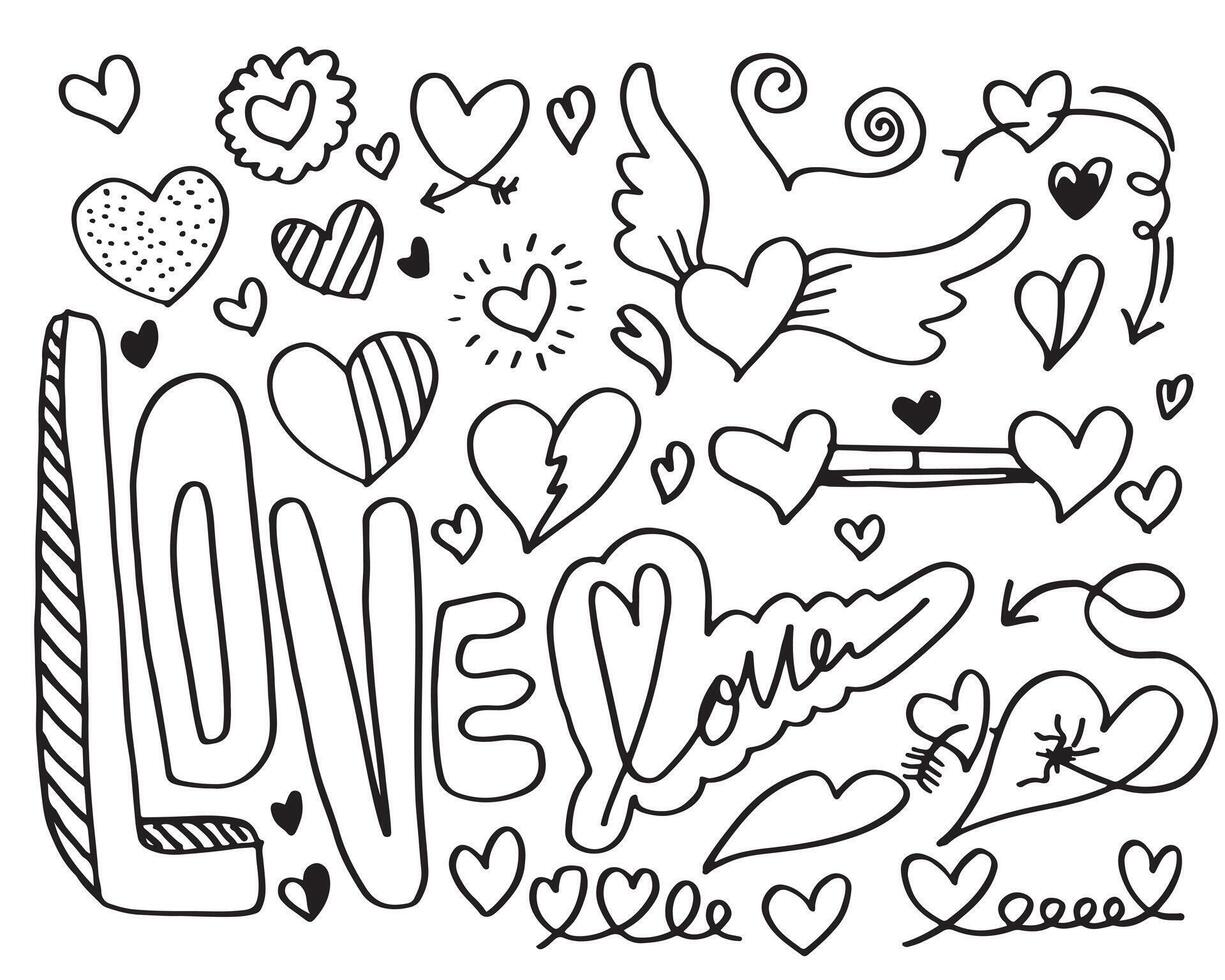scarabocchi disegnati a mano per San Valentino. raccolta di bei cuori e scritti amore su sfondo bianco. illustrazione vettoriale. vettore