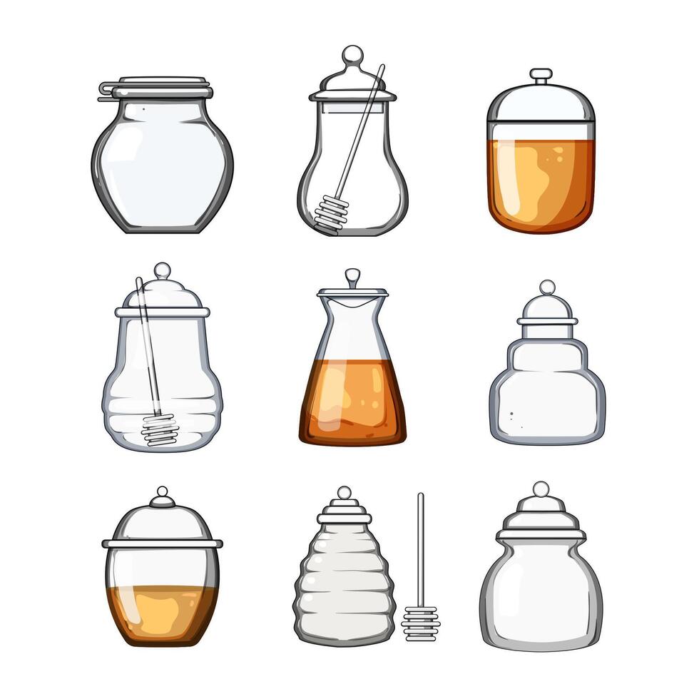miele vaso impostato cartone animato vettore illustrazione