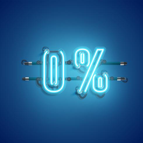 Segno realistico al neon &#39;0%&#39;, illustrazione vettoriale