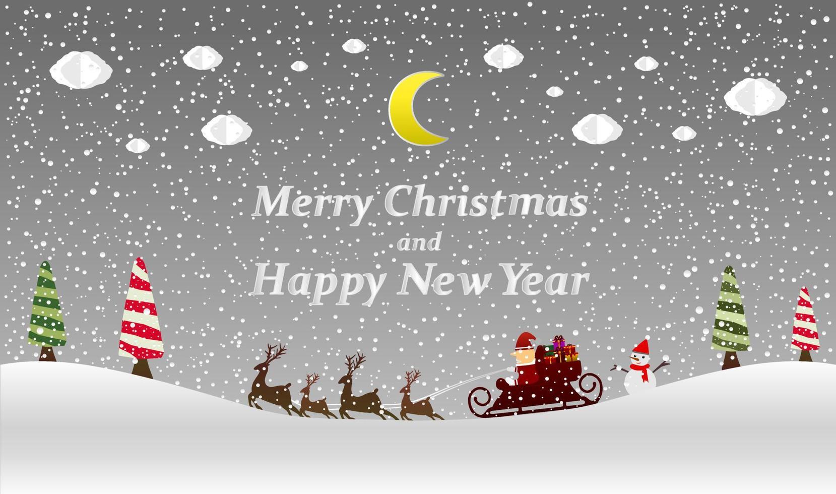 illustrazione vettoriale. cervo di festa, buon natale e felice anno nuovo tipografico su sfondo con paesaggio invernale con fiocchi di neve, luce, luna, nuvole, stelle. carta di natale. vettore