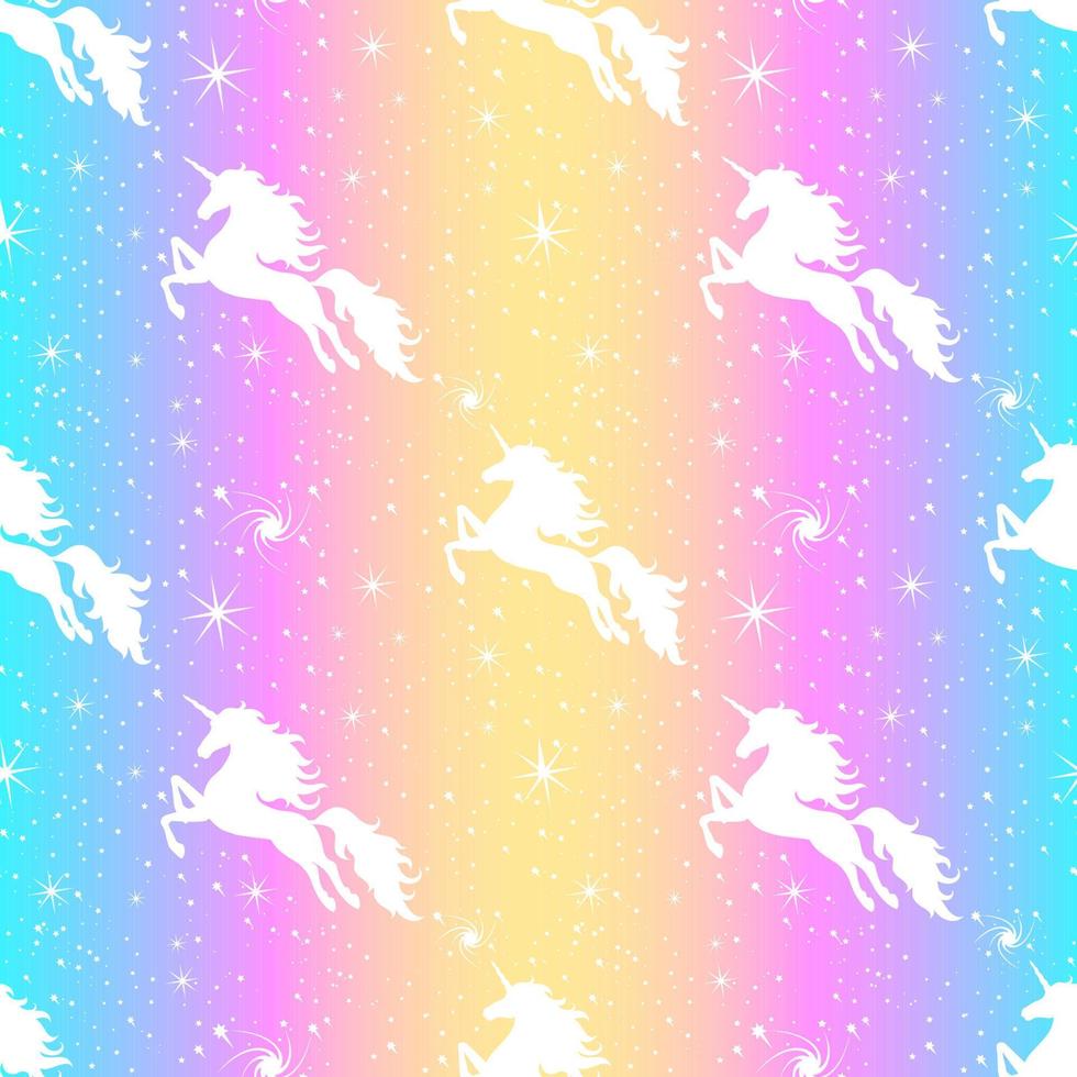 unicorno e stelle senza cuciture. sagoma di un unicorno volante sul cielo stellato. silhouette bianca su uno sfondo arcobaleno. vettore