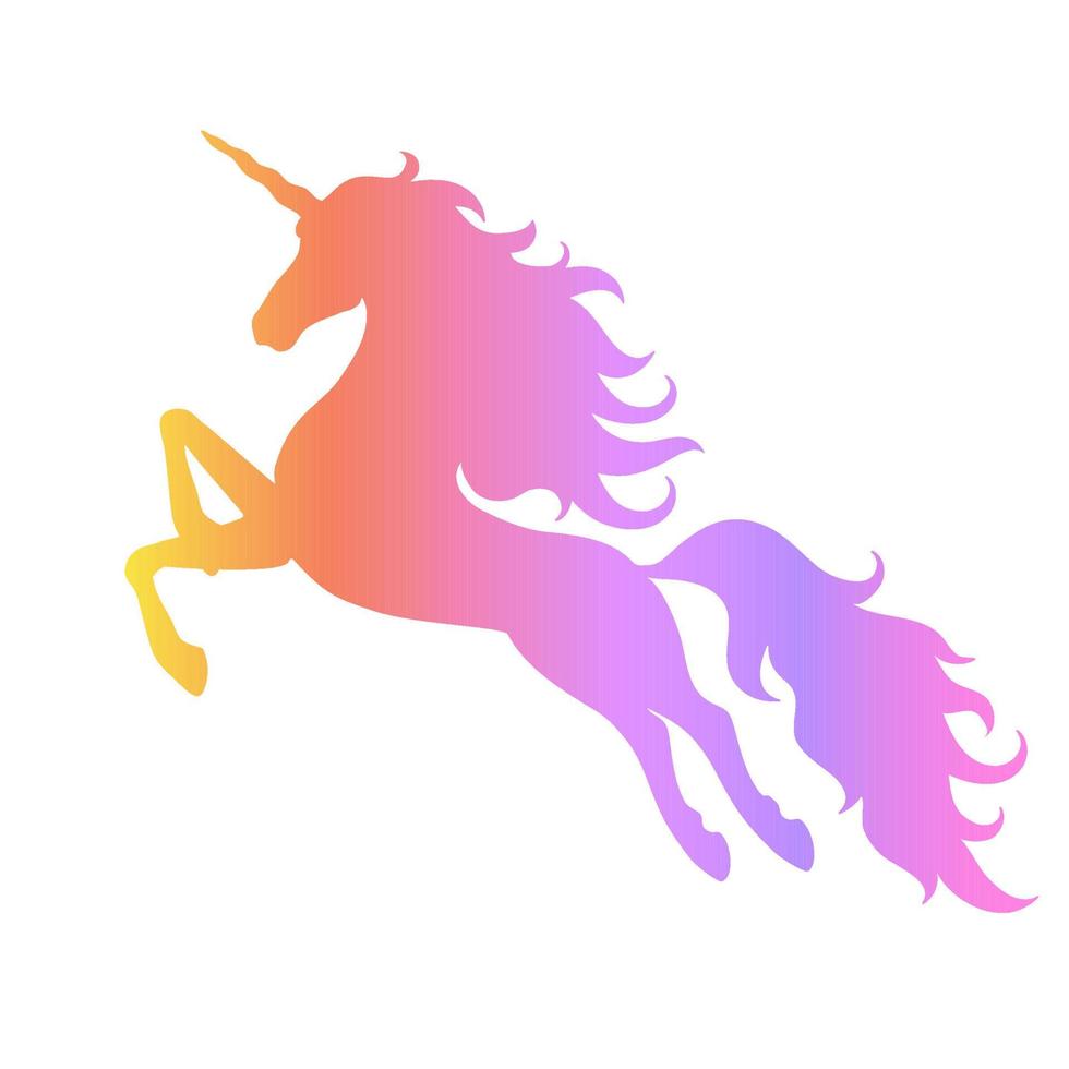 sagoma di un unicorno volante che salta. sagoma arcobaleno isolato su sfondo bianco. vettore