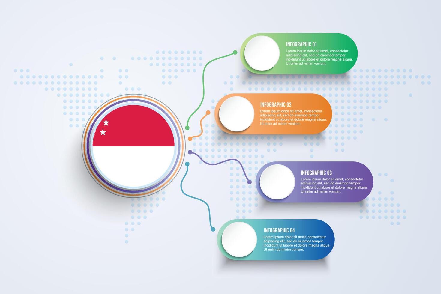 bandiera singapore con design infografico isolato sulla mappa del mondo a punti vettore