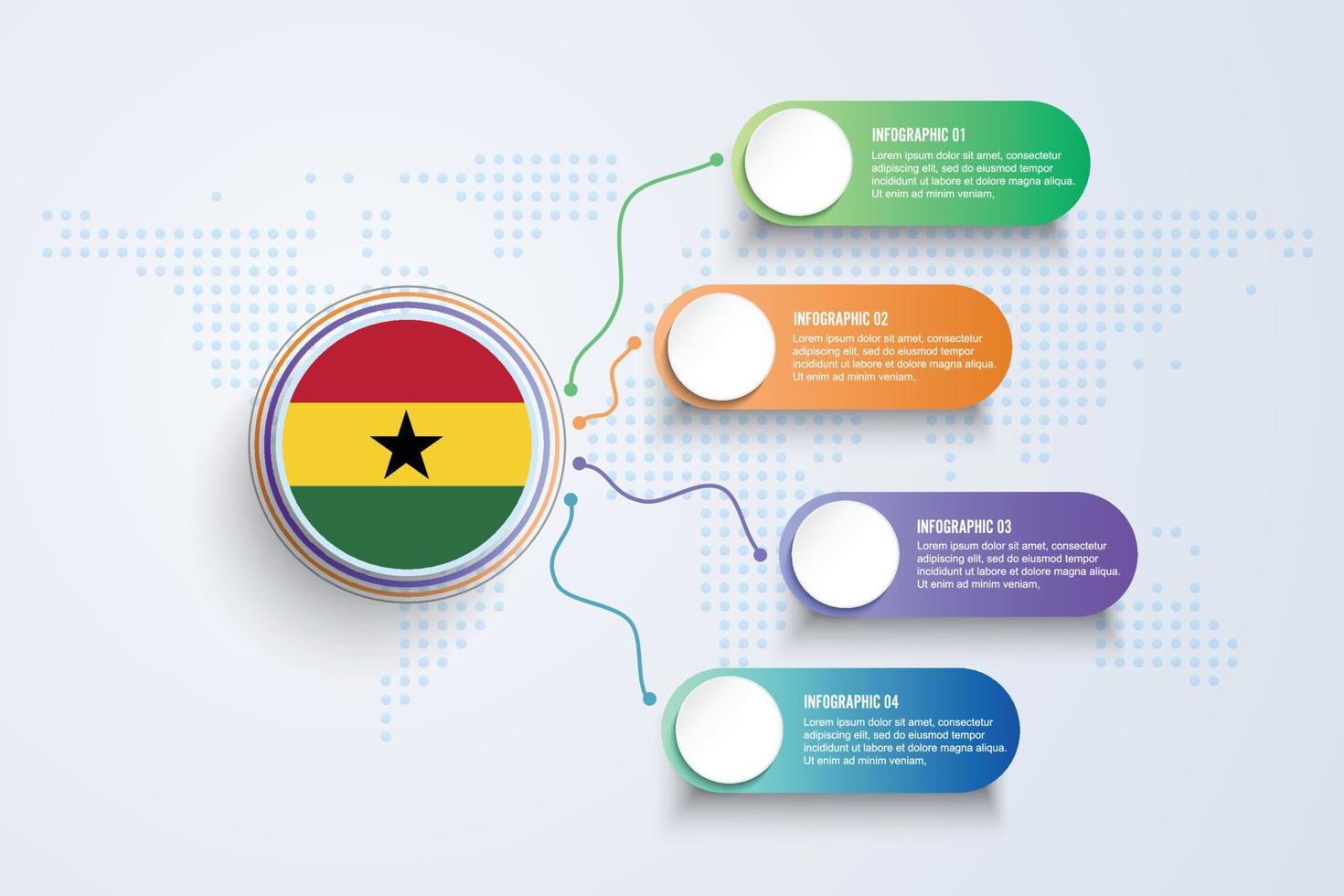 bandiera del ghana con design infografico isolato sulla mappa del mondo a punti vettore