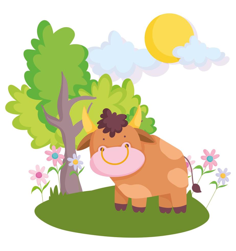 animali da fattoria toro nell'erba con fiori albero cartone animato vettore