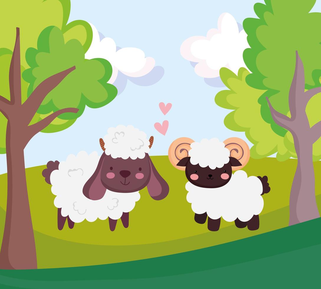 animali da fattoria pecore e capre amore cuori erba albero cartone animato vettore