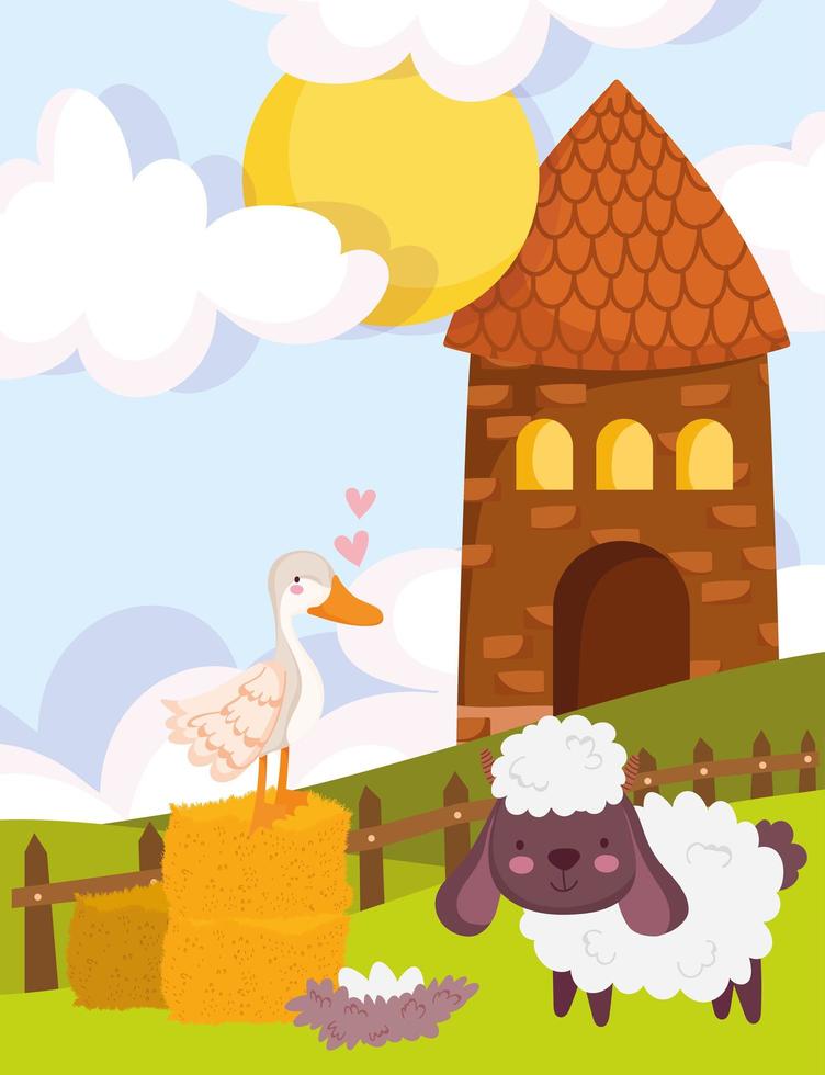 animali da fattoria casa oca capra nido erba recinzione cartone animato vettore