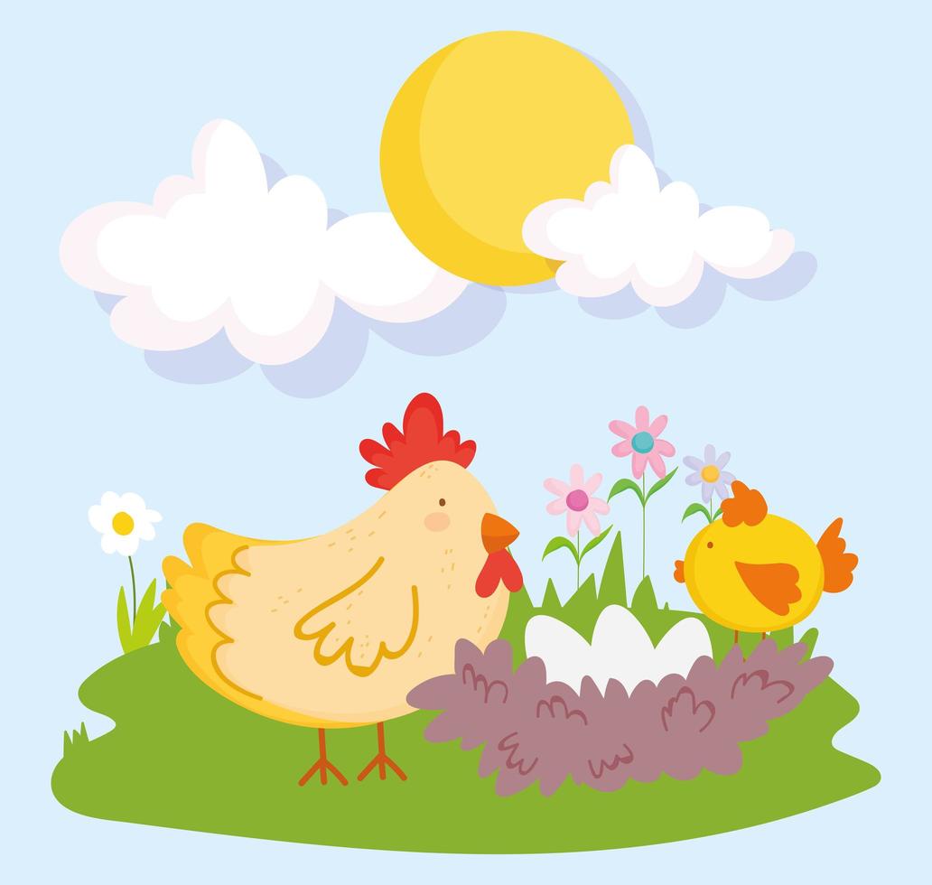 animali da fattoria gallina con nido pollo e uova fiori cartone animato vettore