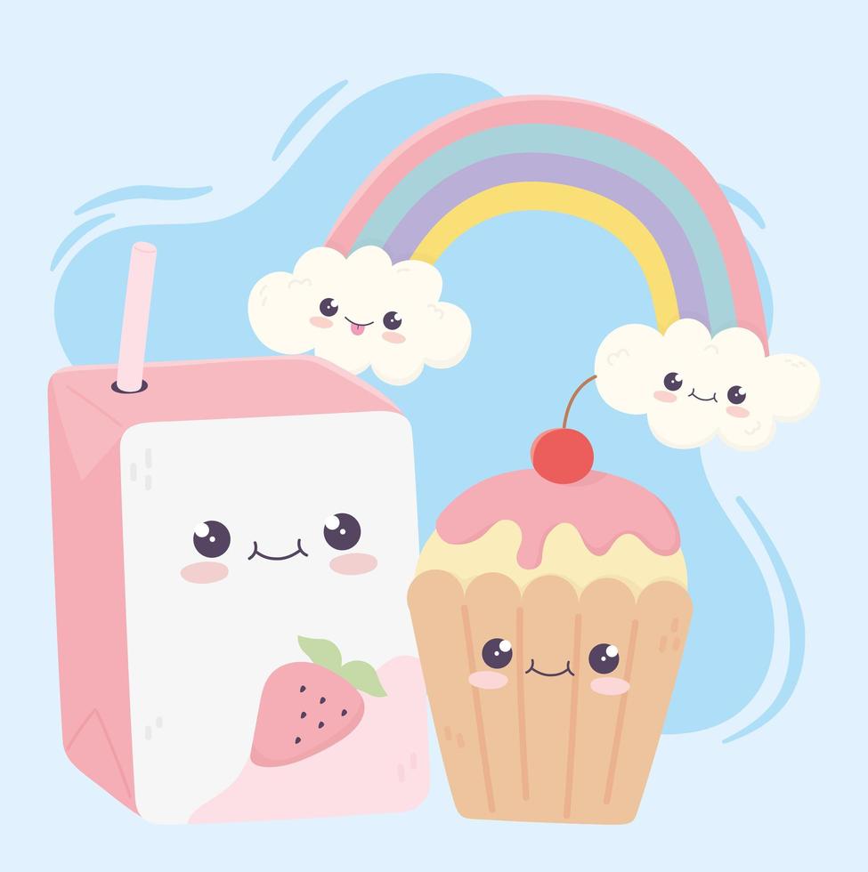 carino scatola di succo e cupcake arcobaleno kawaii personaggio dei cartoni animati vettore