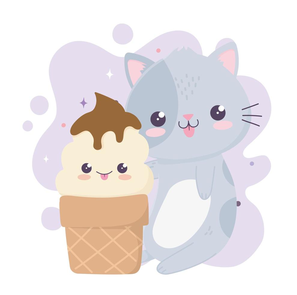 simpatico gattino con gelato kawaii personaggio dei cartoni animati vettore