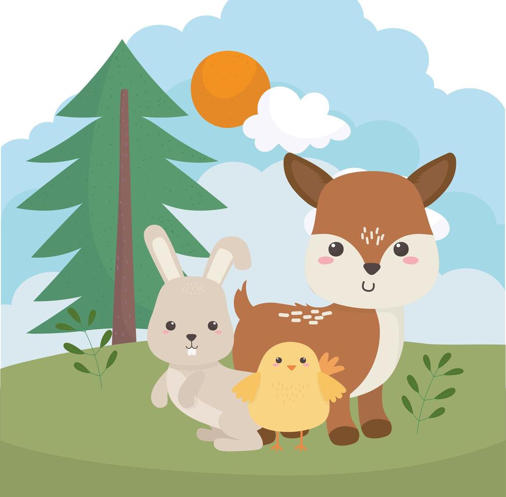 campeggio simpatico coniglio cervo e pollo albero erba sole cartone animato vettore