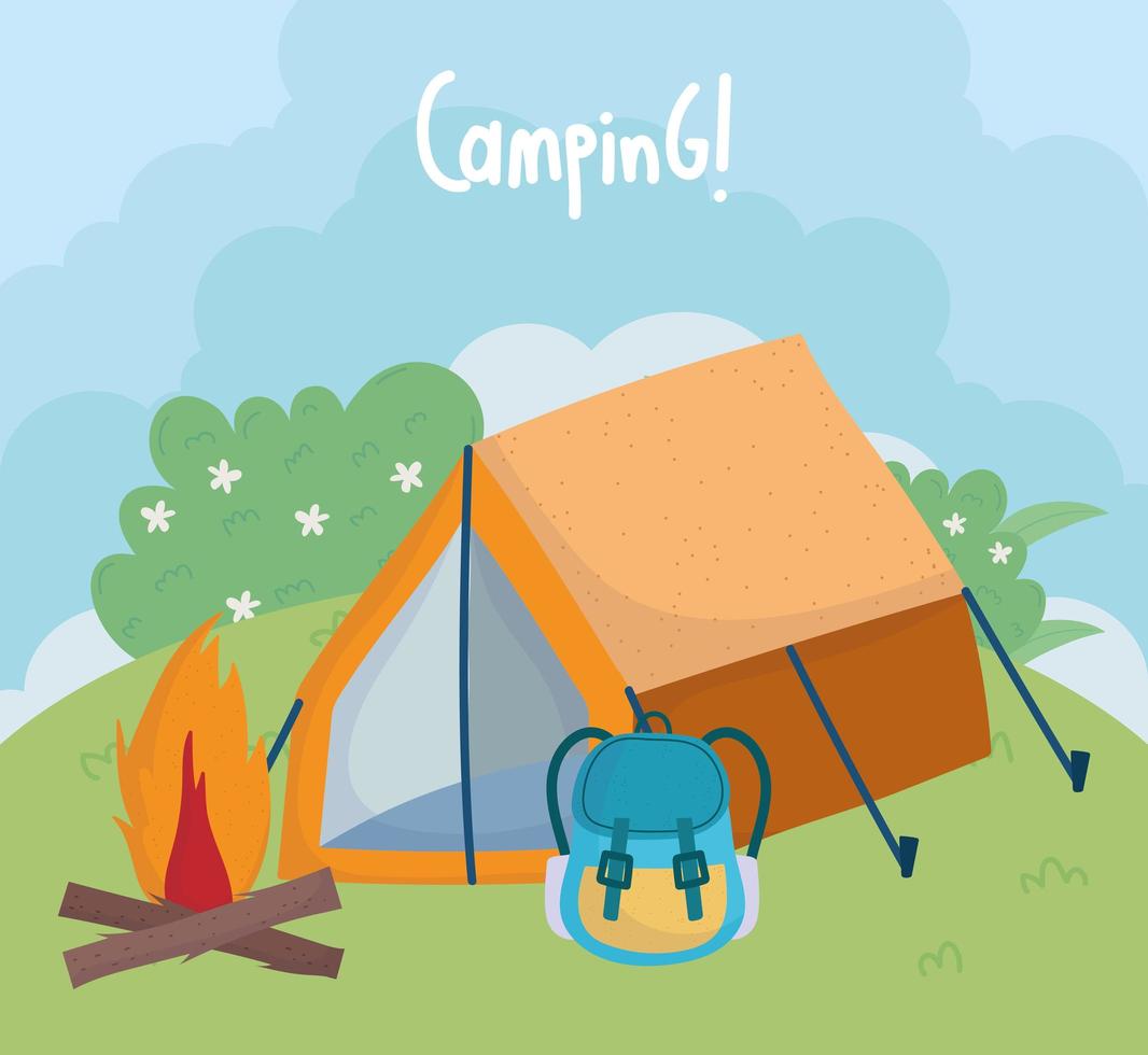 tenda da campeggio zaino falò cespugli fogliame erba cartone animato vettore