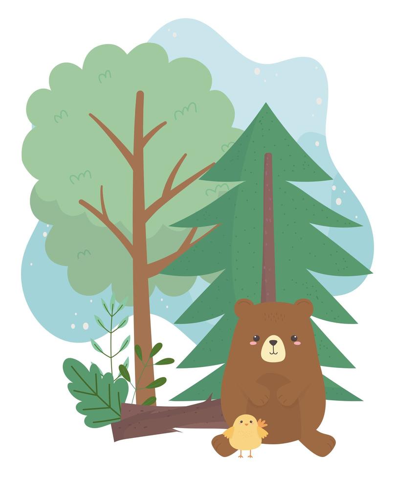 cartone animato orso da campeggio e alberi di pollo vettore