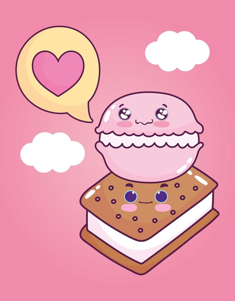 cibo carino gelato amaretto amore cuore dolce dessert pasticceria cartone animato vettore