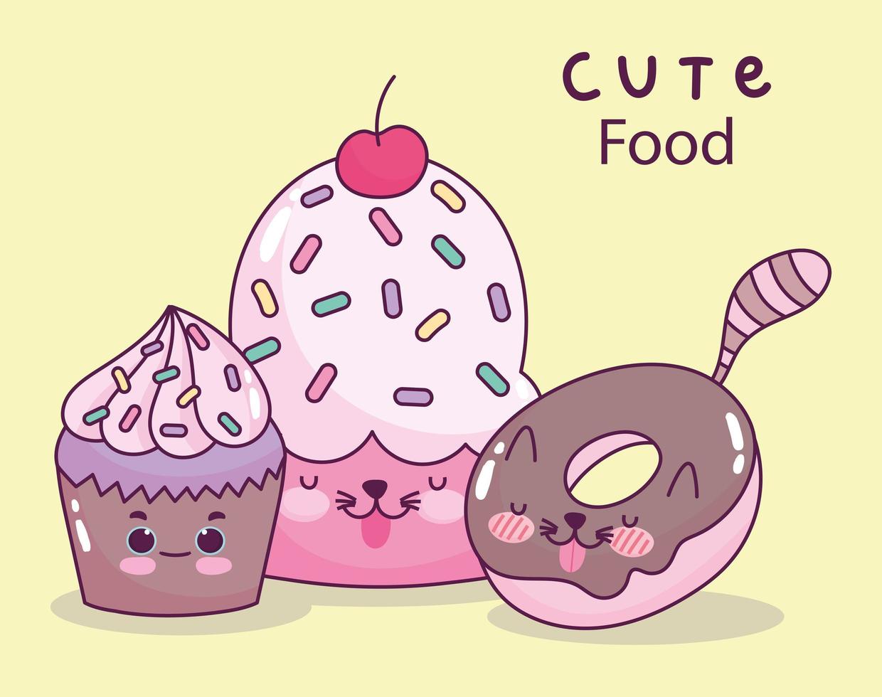 cibo carino ciambella al cioccolato e cupcakes dolce dessert pasticceria cartone animato vettore