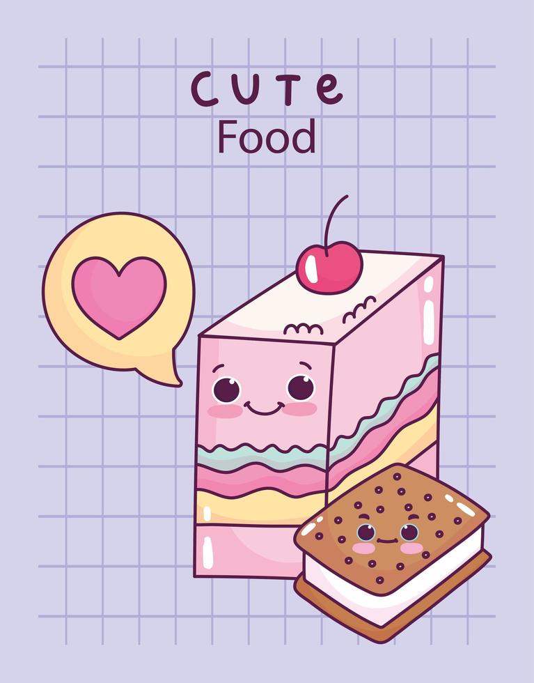 carino cibo gelatina e biscotto gelato amore dolce dessert pasticceria cartone animato vettore