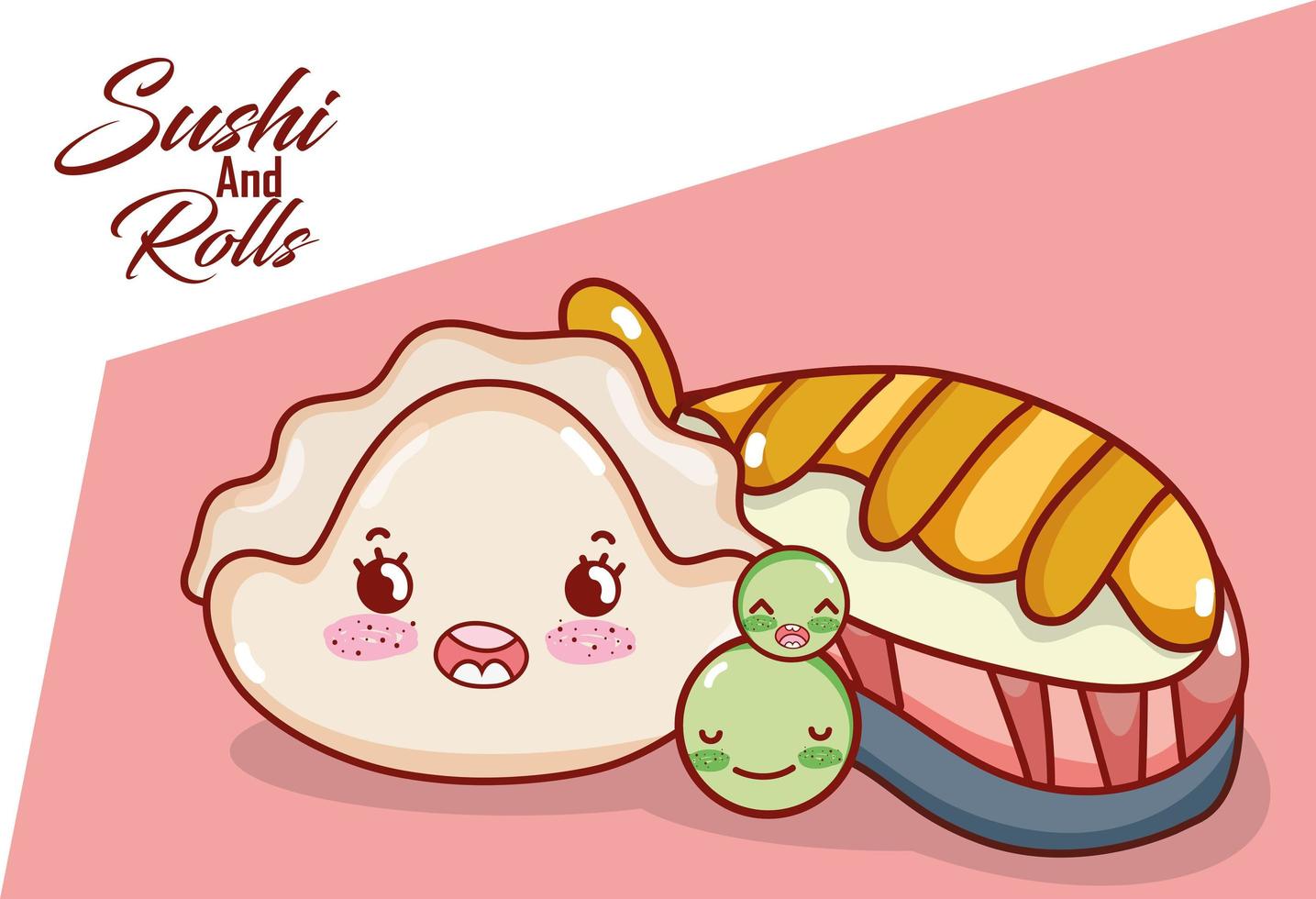kawaii pesce sushi piselli e biscotti cibo giapponese cartone animato, sushi e panini vettore