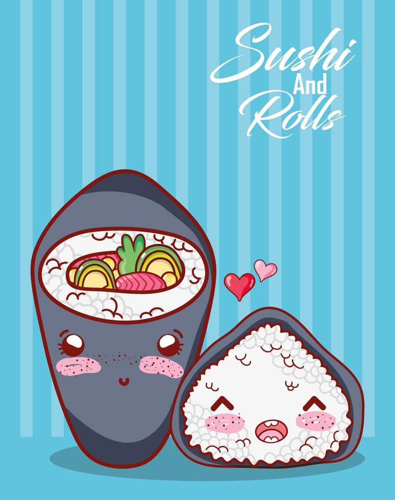 Temaki kawaii e rotolo di riso amano il cibo cartone animato giapponese, sushi e panini vettore