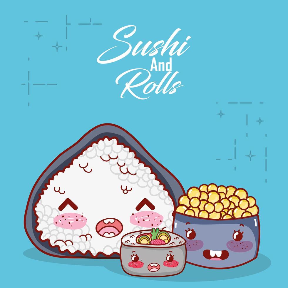 zuppa di riso kawaii e cibo al caviale cartone animato giapponese, sushi e panini vettore