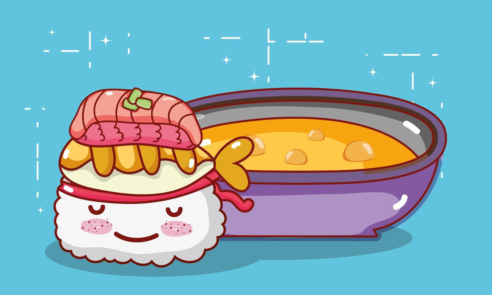 kawaii sushi tempura pesce e zuppa giapponese cartone animato, sushi e panini vettore