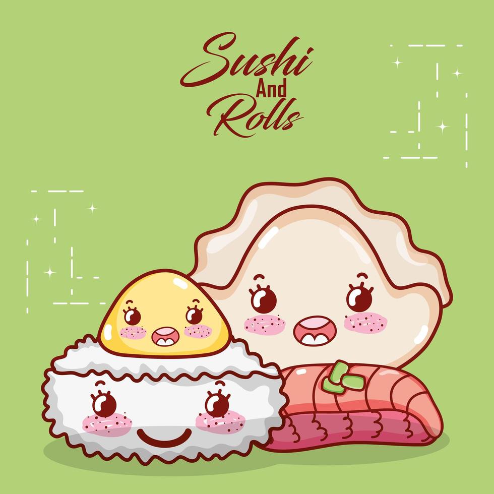 kawaii riso roll gnocchi di carne e cibo per biscotti cartoni giapponesi, sushi e panini vettore