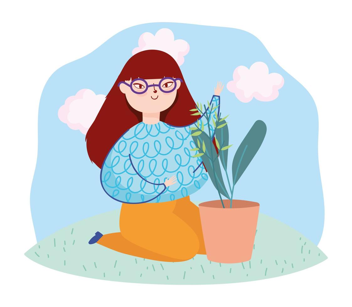 giovane donna in ginocchio con pianta in vaso vettore