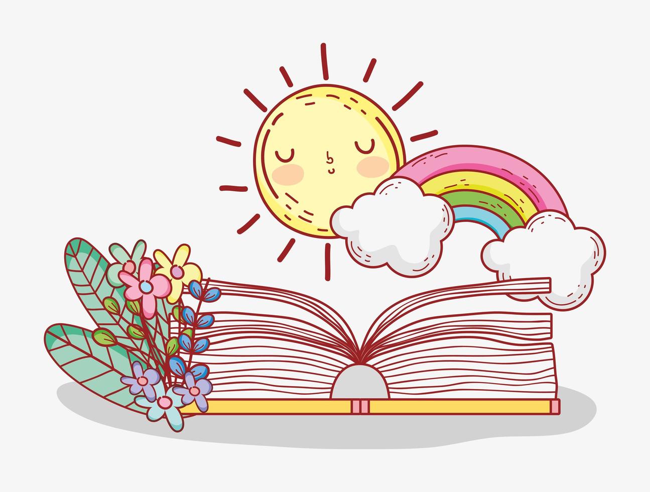 libro aperto arcobaleno nuvole sole fiori fogliame vettore