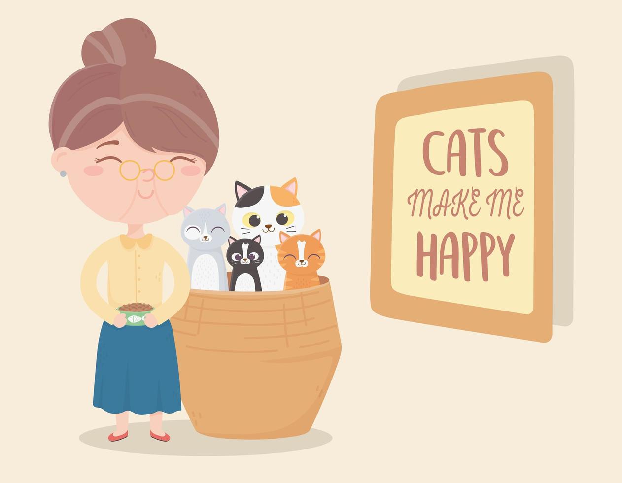 i gatti mi rendono felice, la donna con la ciotola del cibo ei gatti nel cesto di vimini vettore