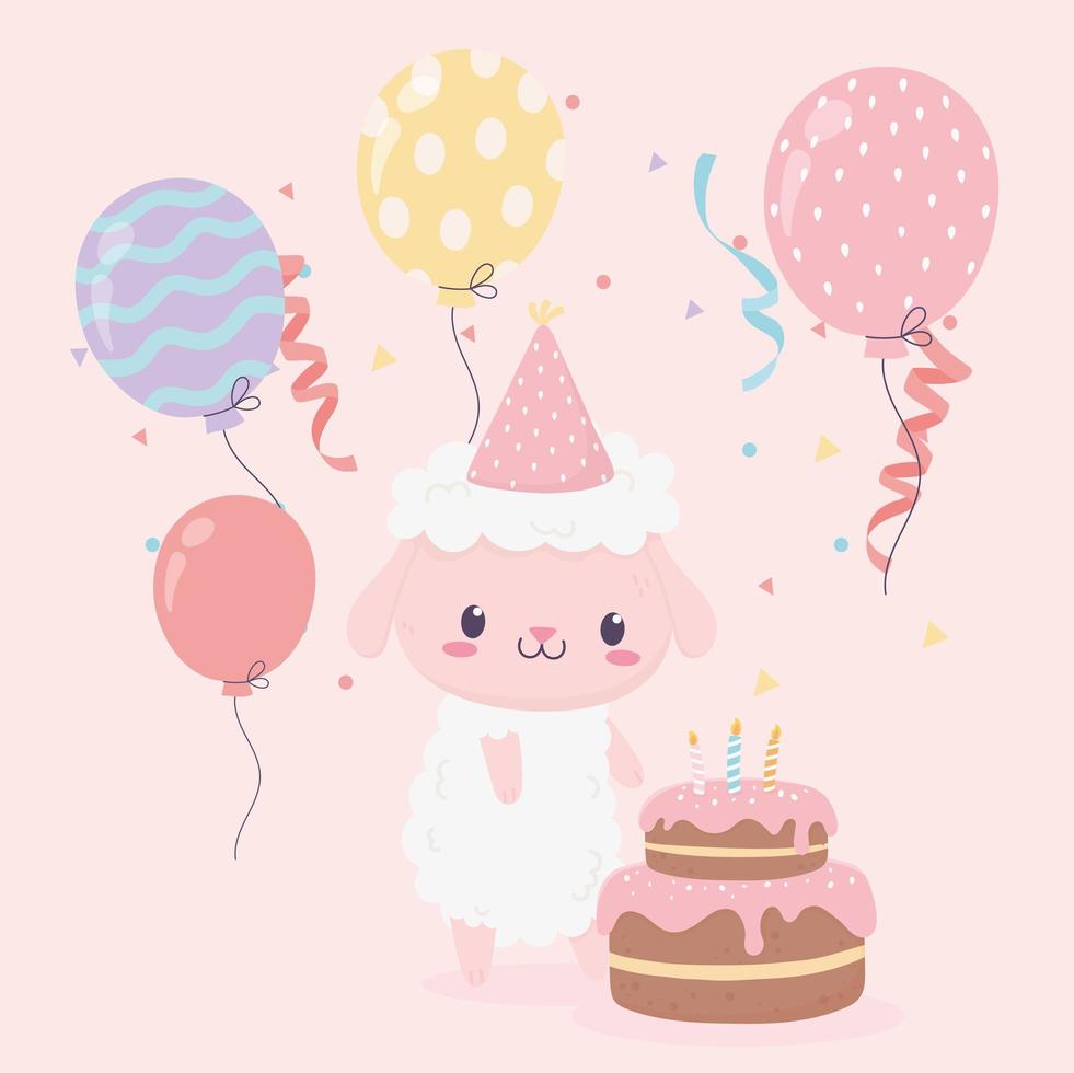 buon compleanno carino torta di pecora e palloncini celebrazione decorazione card vettore