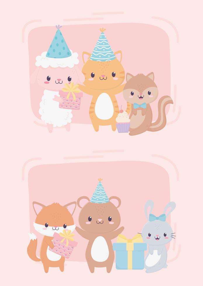 buon compleanno simpatici animali regali festa cappello cupcake celebrazione decorazione carta vettore