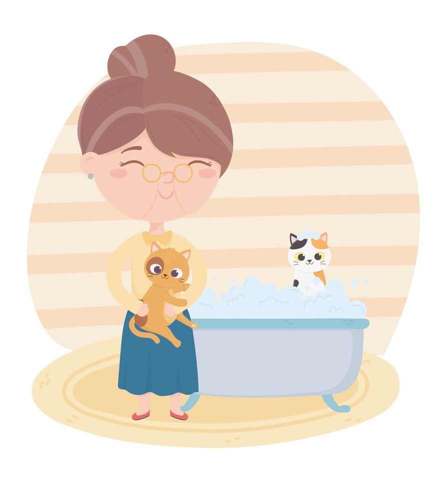 i gatti mi rendono felice, vecchia donna gatto e gattino nella vasca da bagno vettore