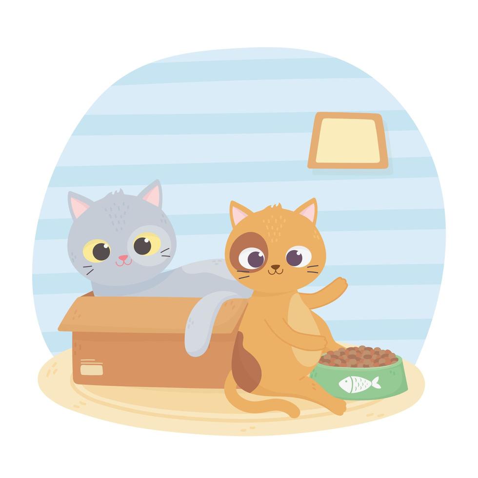 i gatti mi rendono felice, il gatto in scatola e altri con i cartoni animati di cibo vettore