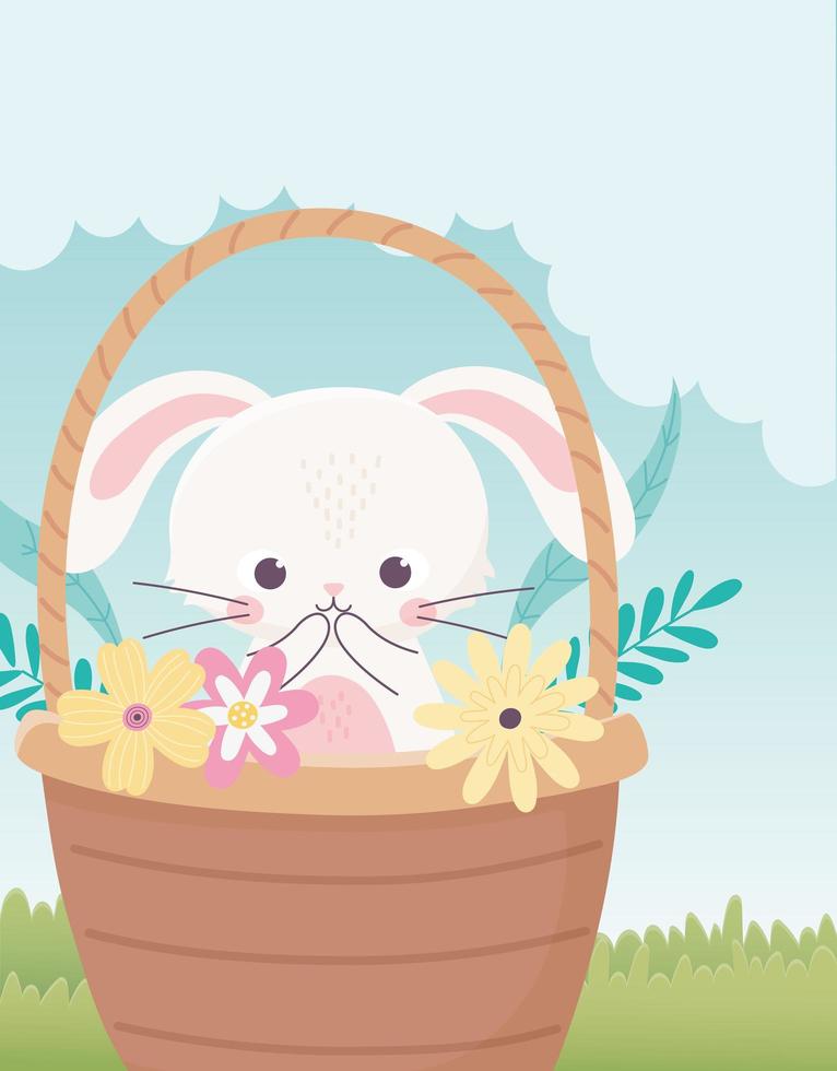 buon giorno di pasqua, coniglio nel cesto con uovo fiori foglie erba vettore