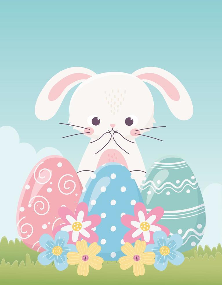 buon giorno di pasqua, coniglio carino uova delicate fiori erba vettore