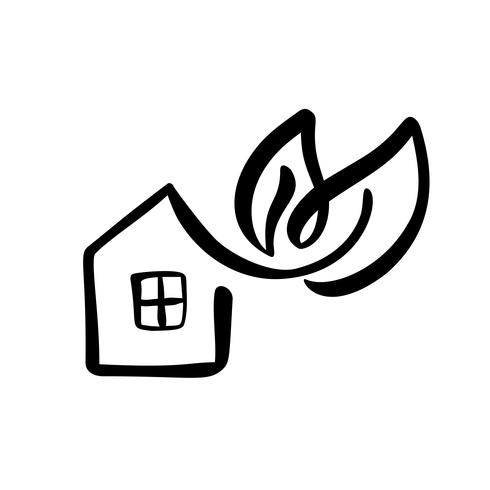 Foglia Eco House Natura semplice di calligrafia Icona di vettore bio. Estate Architecture Costruzione per il design. Elemento di giardino verde logo disegnato a mano dell&#39;annata di casa di arte