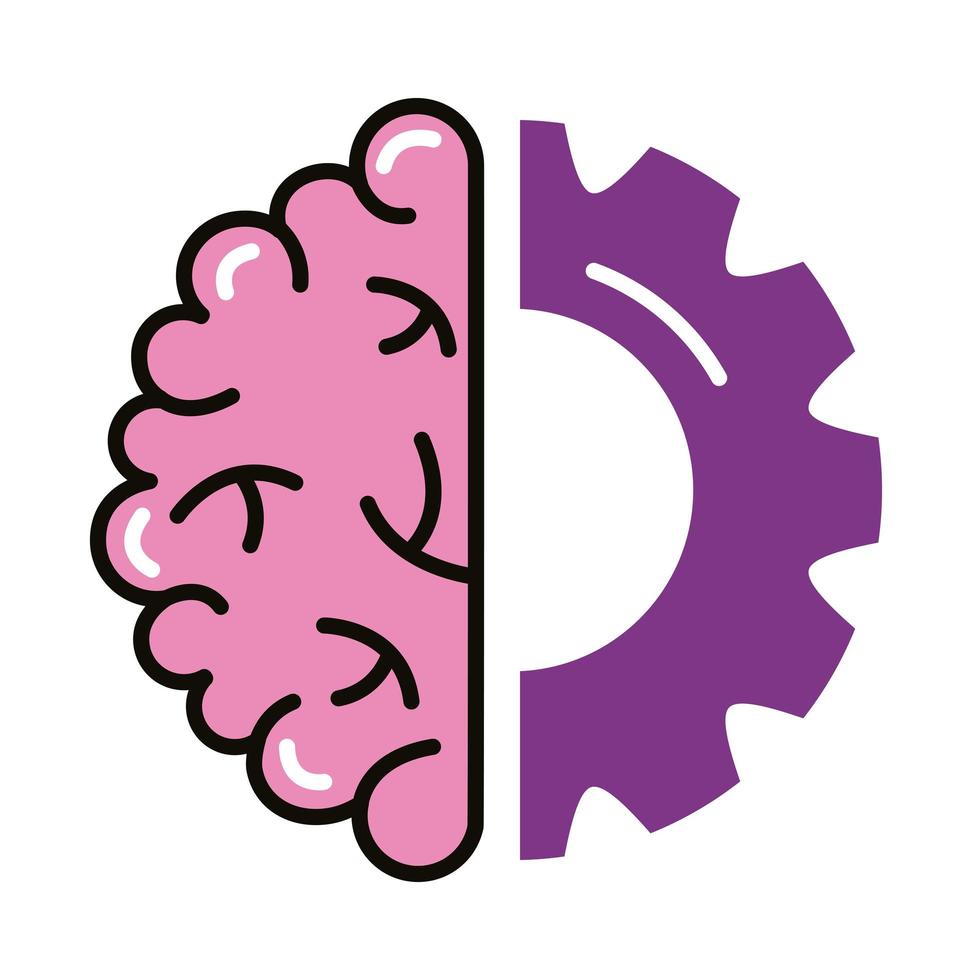 cervello umano con linea di ingranaggio e icona di stile di riempimento vettore