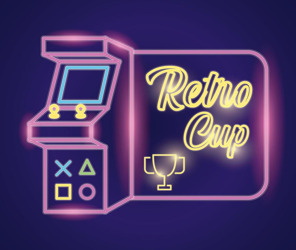 neon di videogiochi retrò con macchina e trofeo vettore