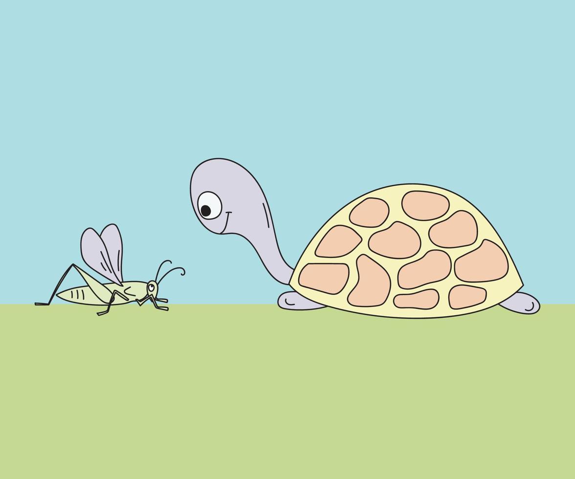 illustrazione di doodle per bambini: una tartaruga e una cavalletta sull'erba vettore