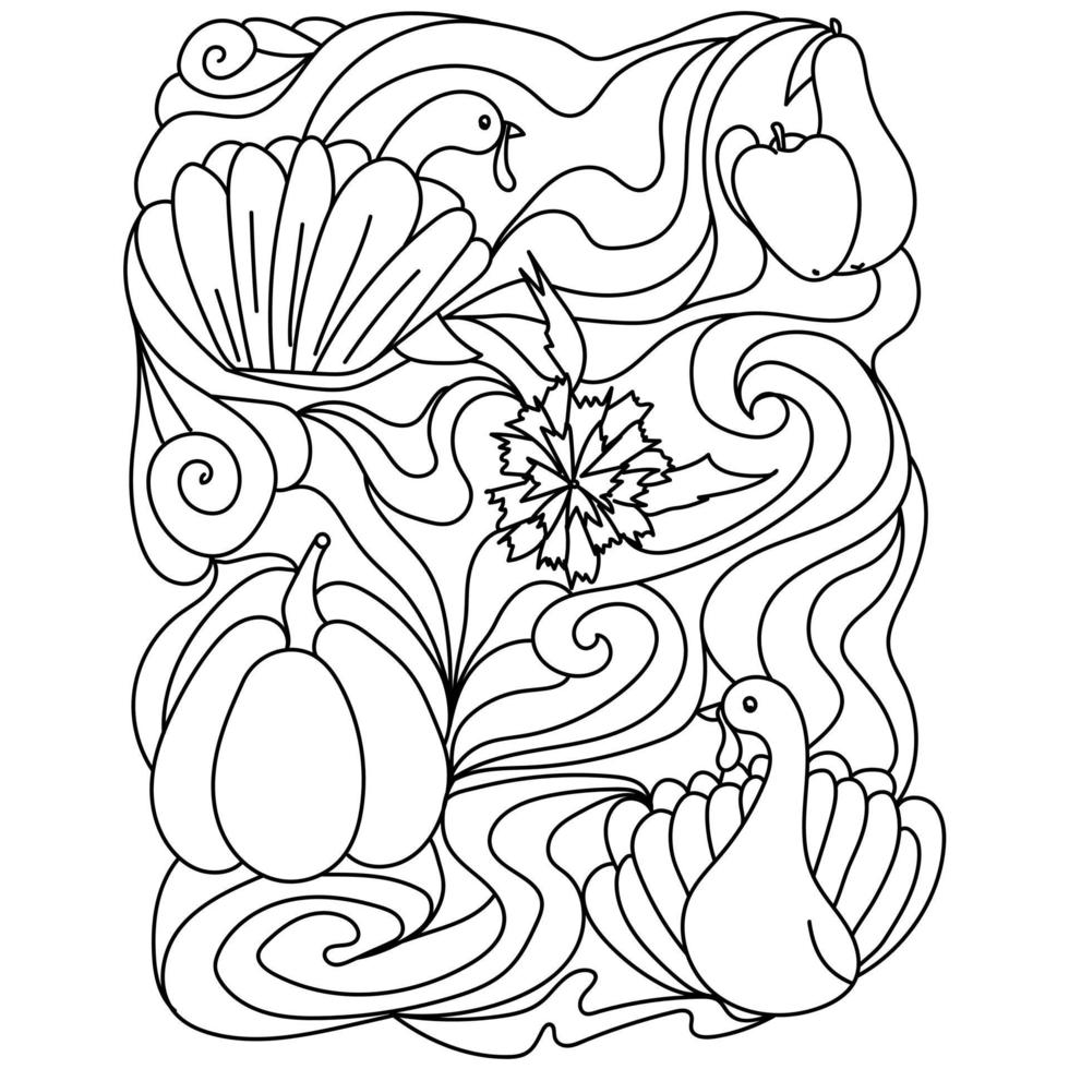 pagina da colorare del ringraziamento, due tacchini, zucca e crisantemi con motivi decorati vettore