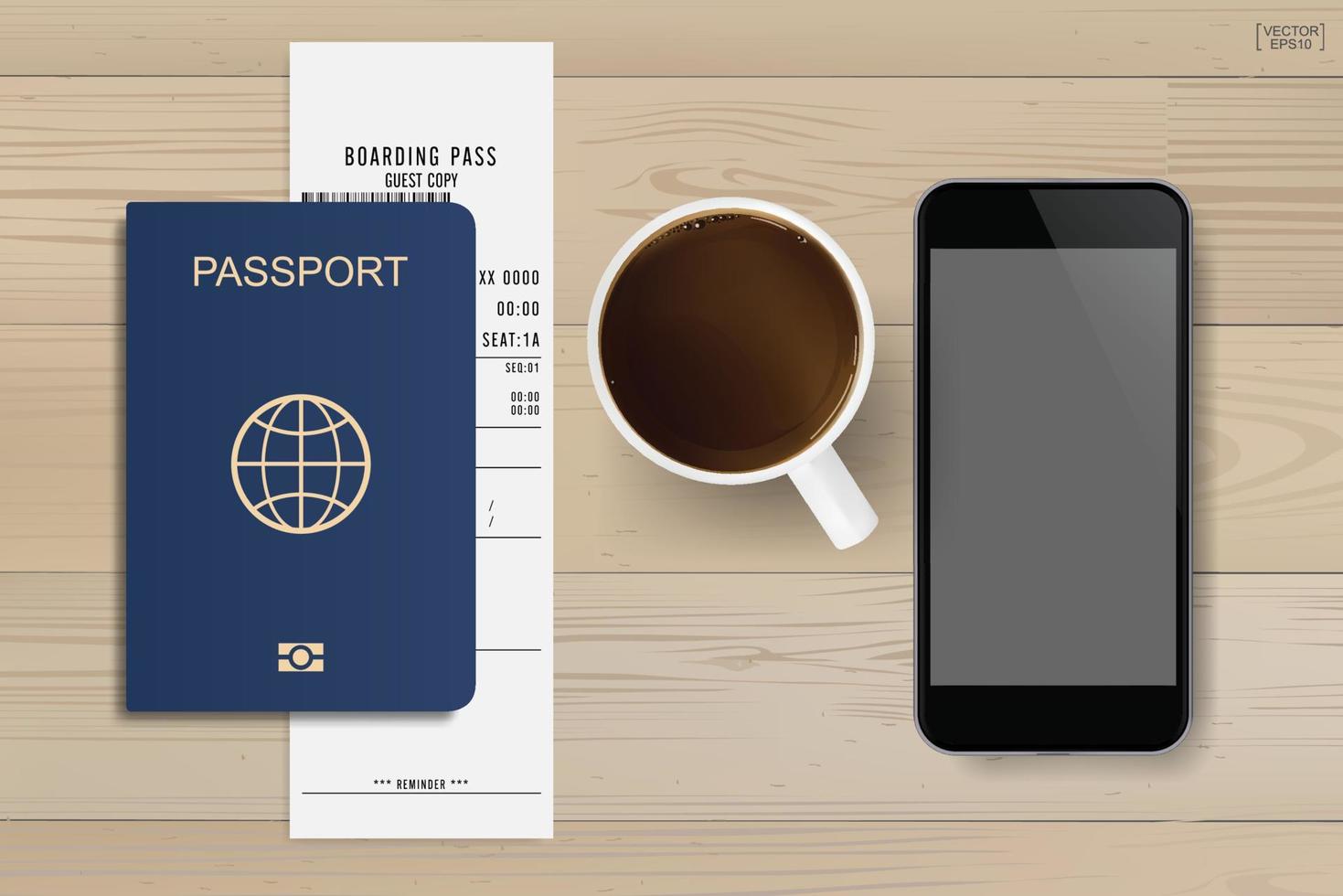passaporto e carta d'imbarco con tazza di caffè e smartphone su uno sfondo di legno. vettore. vettore