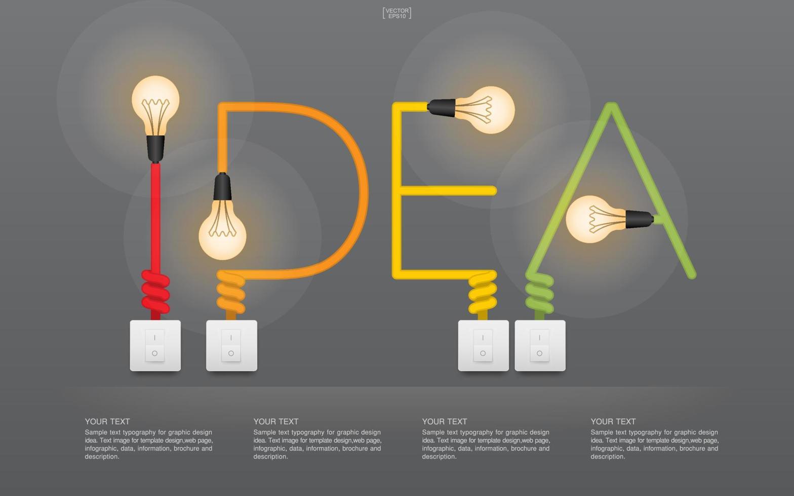 idea - alfabeto lineare astratto di lampadina e interruttore della luce su sfondo grigio. lampada e interruttore con area per infografica e testo. vettore. vettore