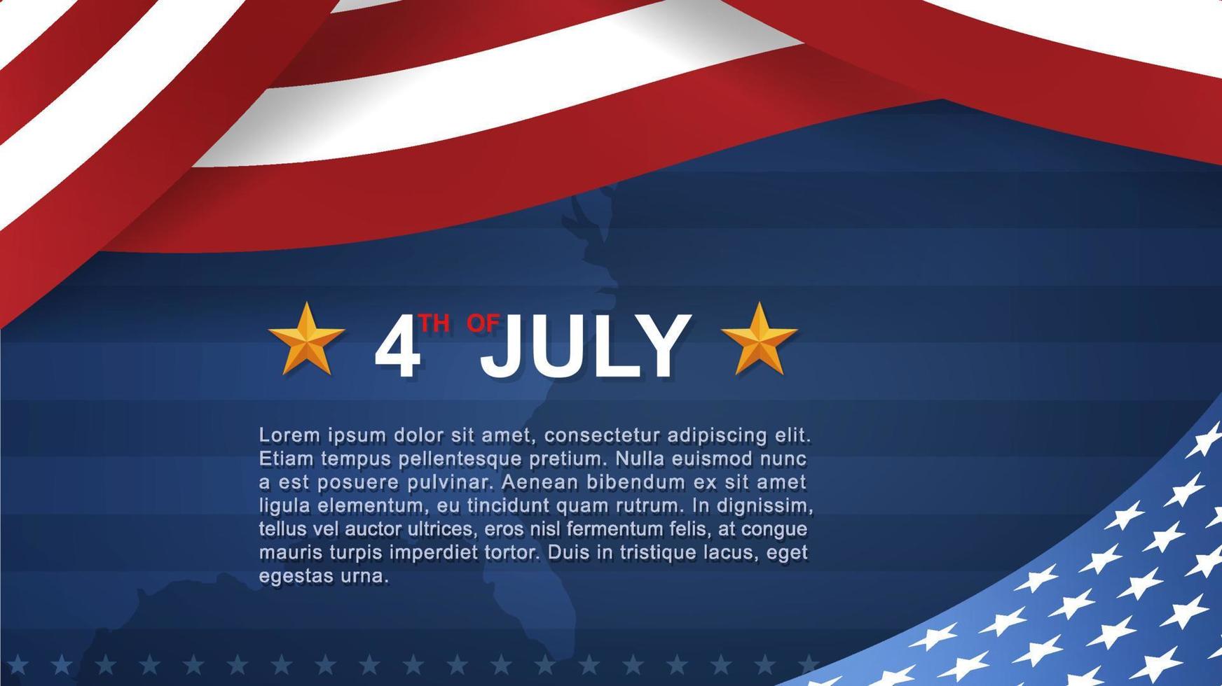 Sfondo del 4 luglio per la festa dell'indipendenza degli stati uniti d'america con sfondo blu e bandiera americana. illustrazione vettoriale. vettore