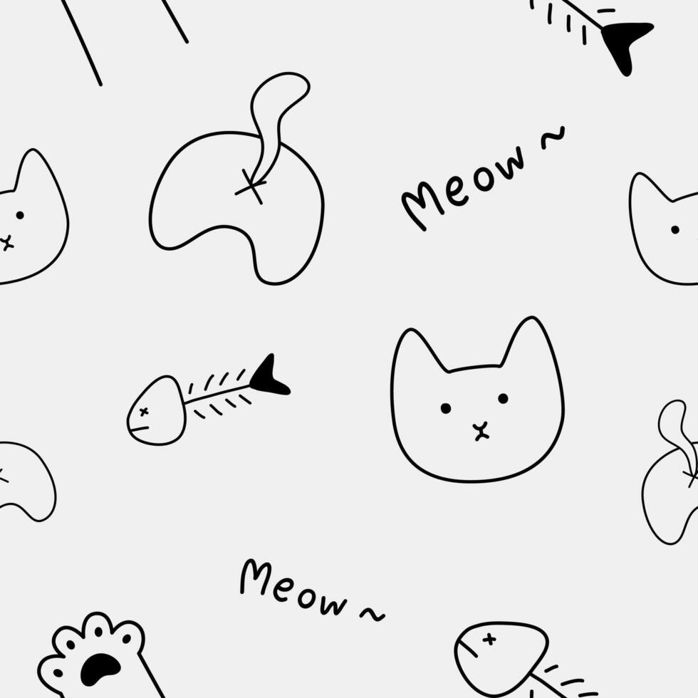 gatto scarabocchio infantile linea arte nero e bianca sfondo sfondo senza soluzione di continuità modello vettore