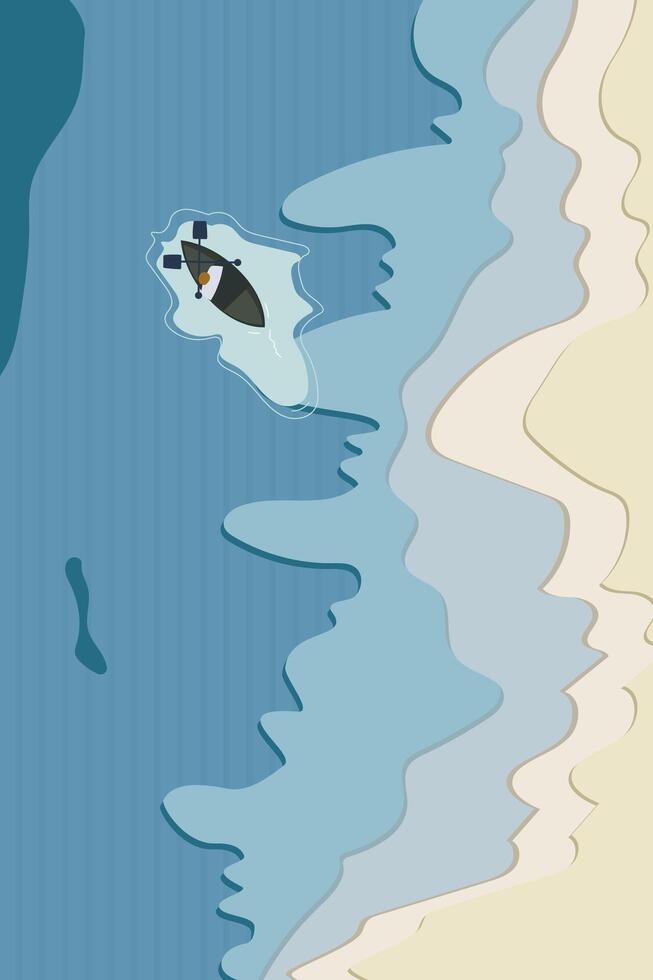 un' tipo Guarda confuso canottaggio su il blu oceano con un' semplice barca di fronte onda vettore